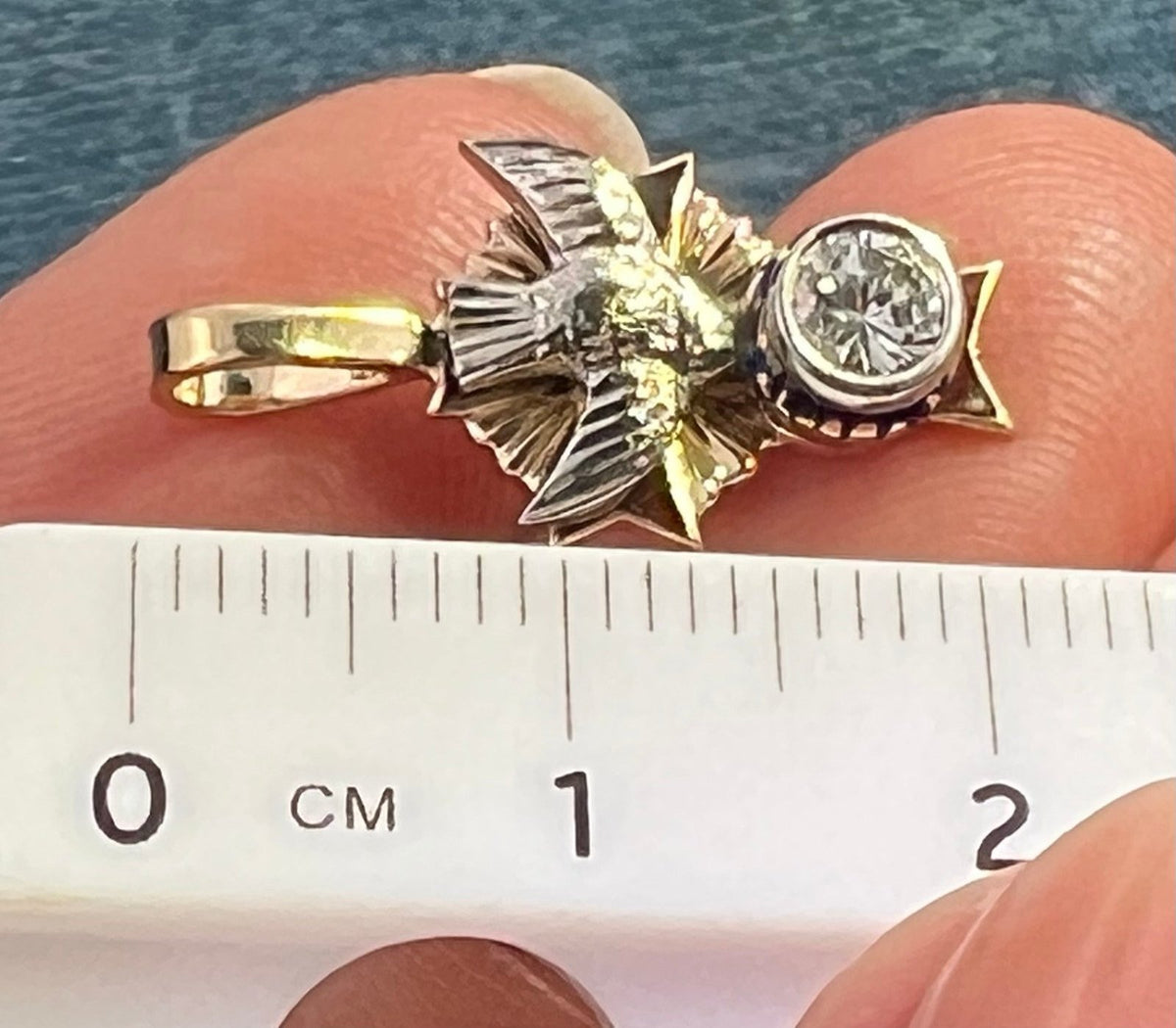 10k Gold Sparrow + Cross Pendant w Bezel Rose-Cut Diamond. TINY!