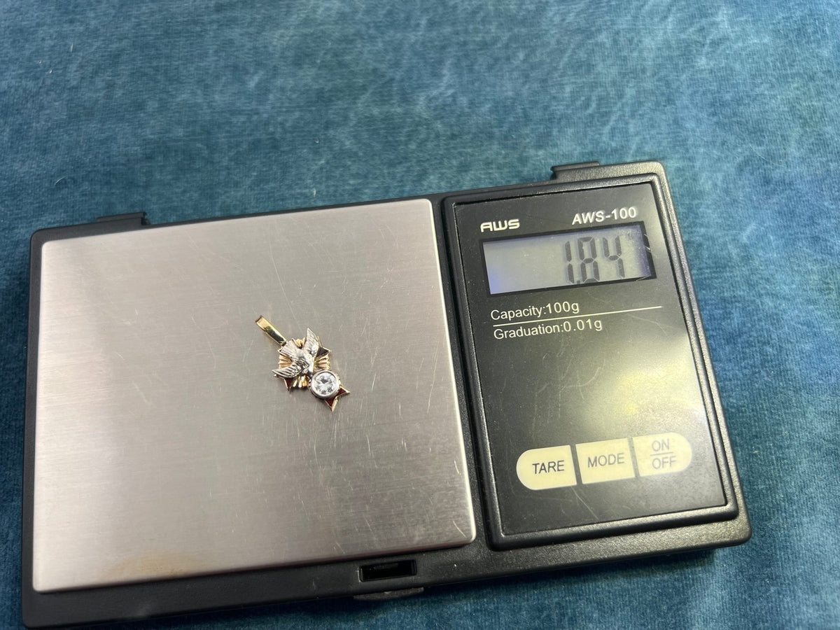 10k Gold Sparrow + Cross Pendant w Bezel Rose-Cut Diamond. TINY!