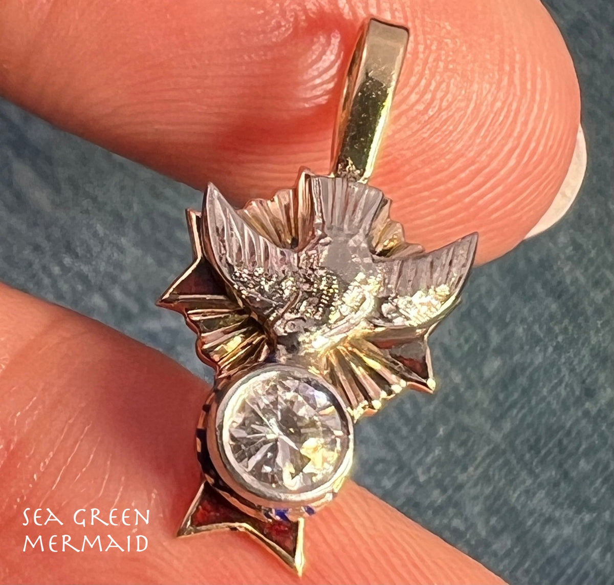 10k Gold Sparrow + Cross Pendant w Bezel Rose-Cut Diamond. TINY!