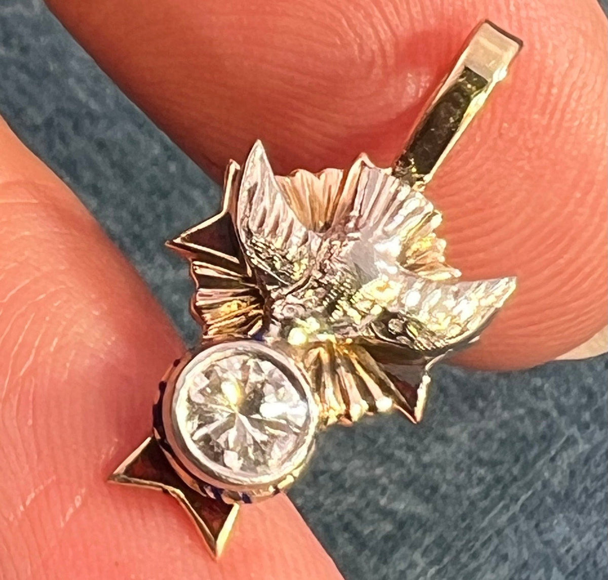 10k Gold Sparrow + Cross Pendant w Bezel Rose-Cut Diamond. TINY!