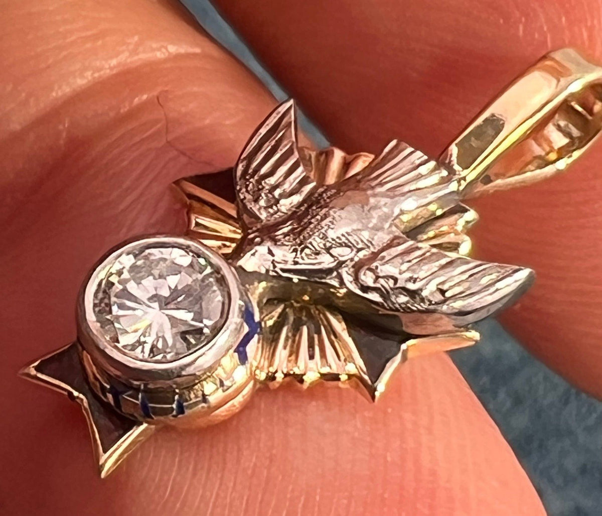 10k Gold Sparrow + Cross Pendant w Bezel Rose-Cut Diamond. TINY!