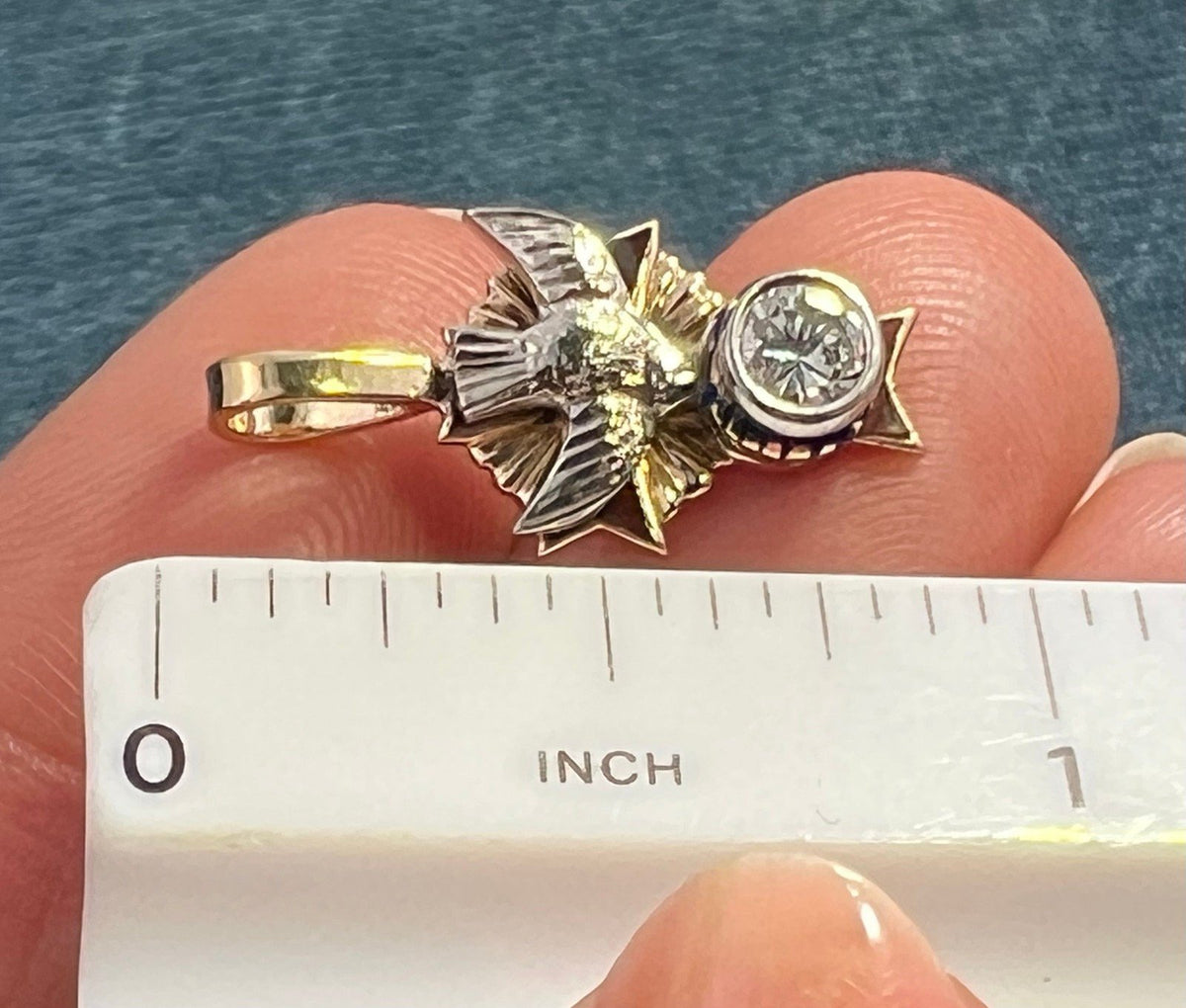 10k Gold Sparrow + Cross Pendant w Bezel Rose-Cut Diamond. TINY!