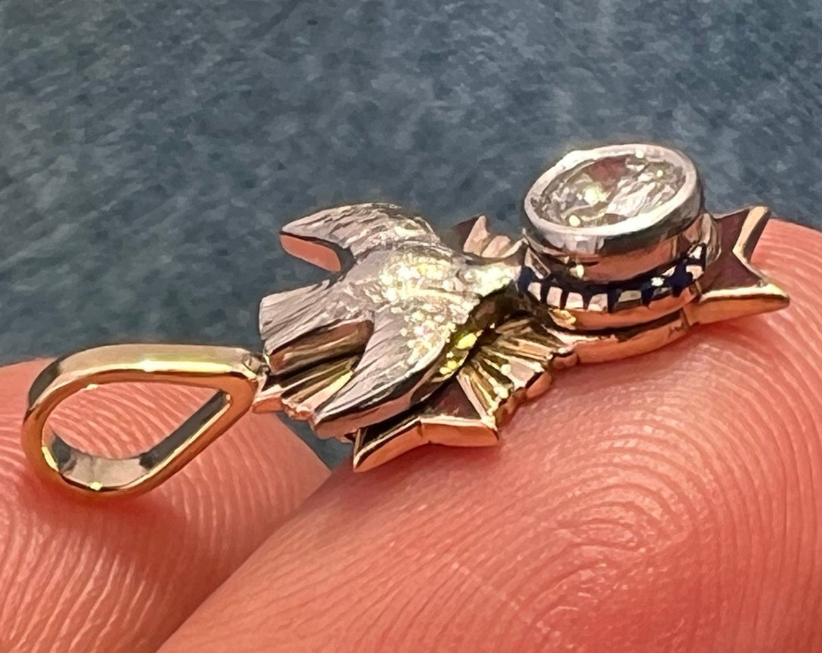 10k Gold Sparrow + Cross Pendant w Bezel Rose-Cut Diamond. TINY!