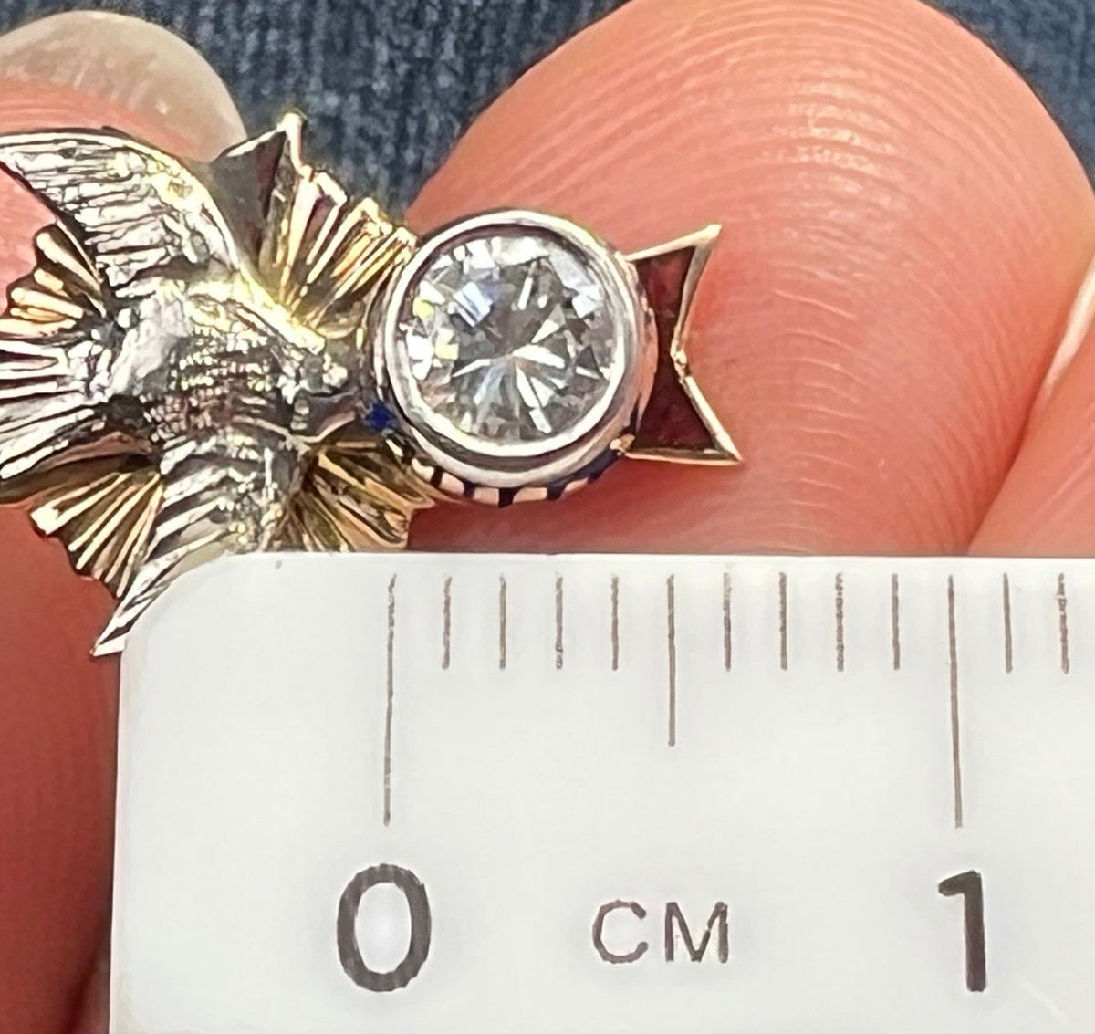 10k Gold Sparrow + Cross Pendant w Bezel Rose-Cut Diamond. TINY!