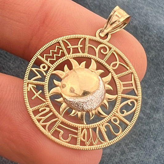 10k Gold Sun + Celestial Astrology Symbols Disk Pendant. 1.25" Medallion