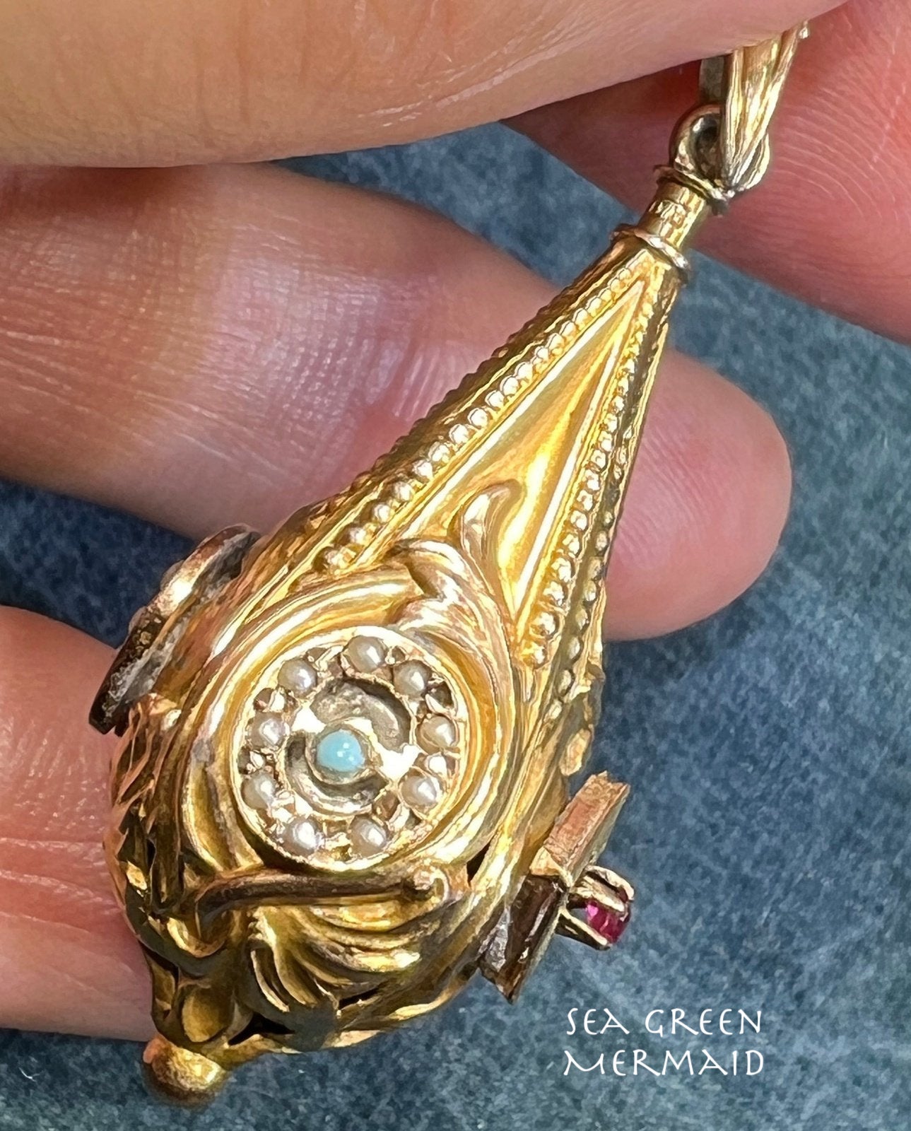 10k Gold Teardrop Watch Fob Pendant. Opal Turquoise Ruby *Video*