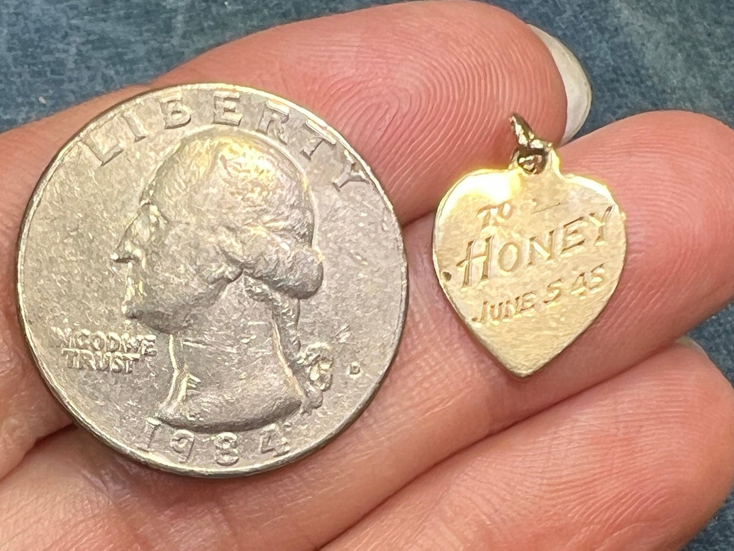 10k Gold "To: HONEY" Heart Pendant. 1945 WW2 Lover's Gift