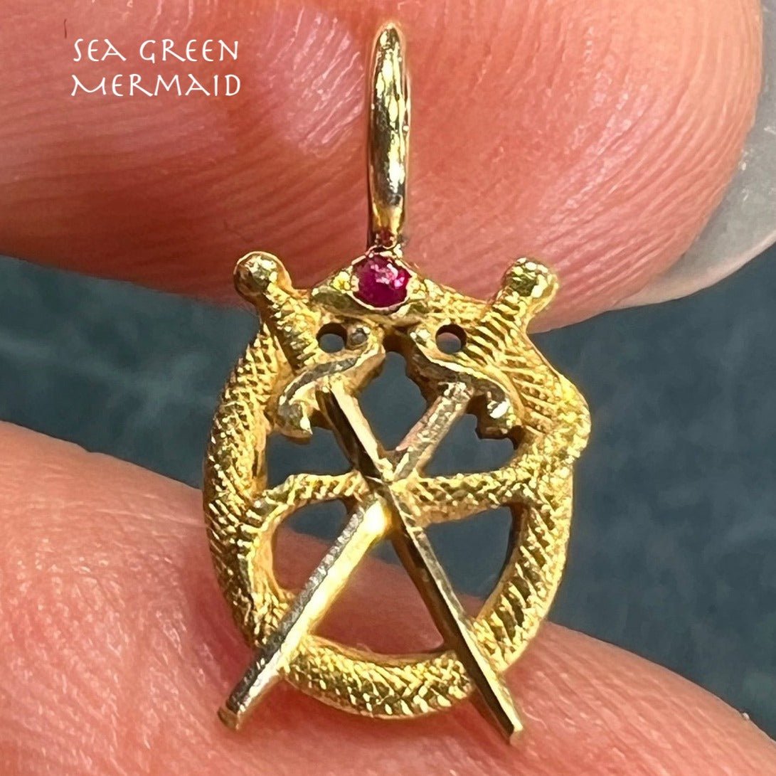 10k Gold Victorian Ruby Head Snake + Crossed Swords Pendant. Tiny!