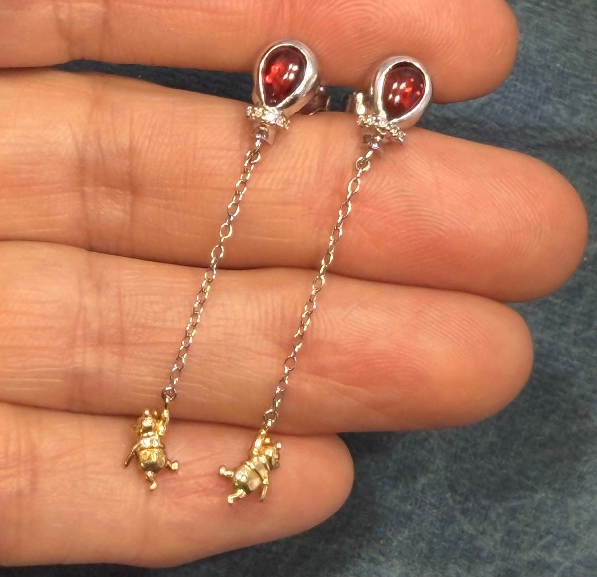 10k Gold Winnie the Pooh Earrings w 925 Silver Garnet Cabochon Balloons
