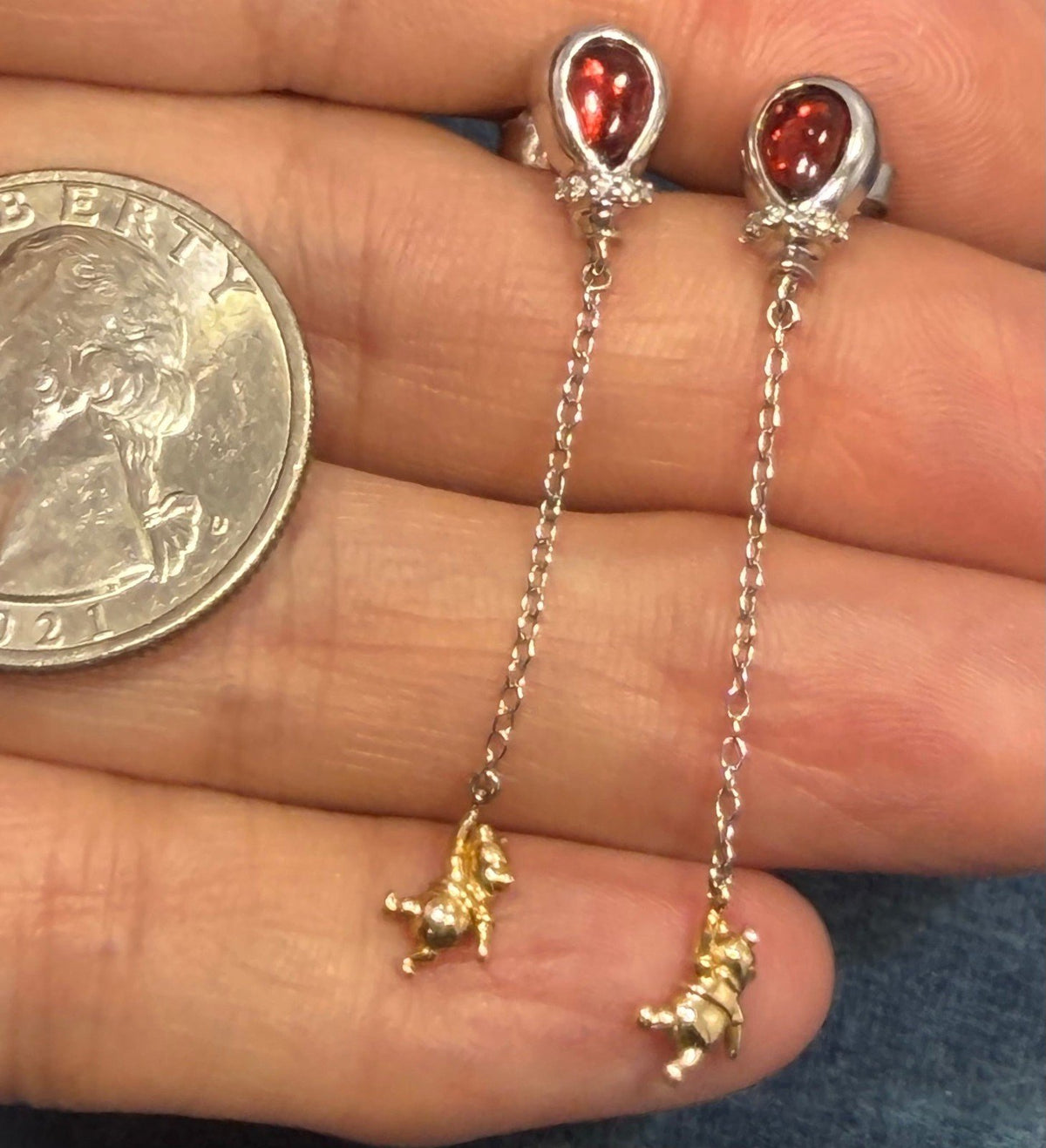 10k Gold Winnie the Pooh Earrings w 925 Silver Garnet Cabochon Balloons