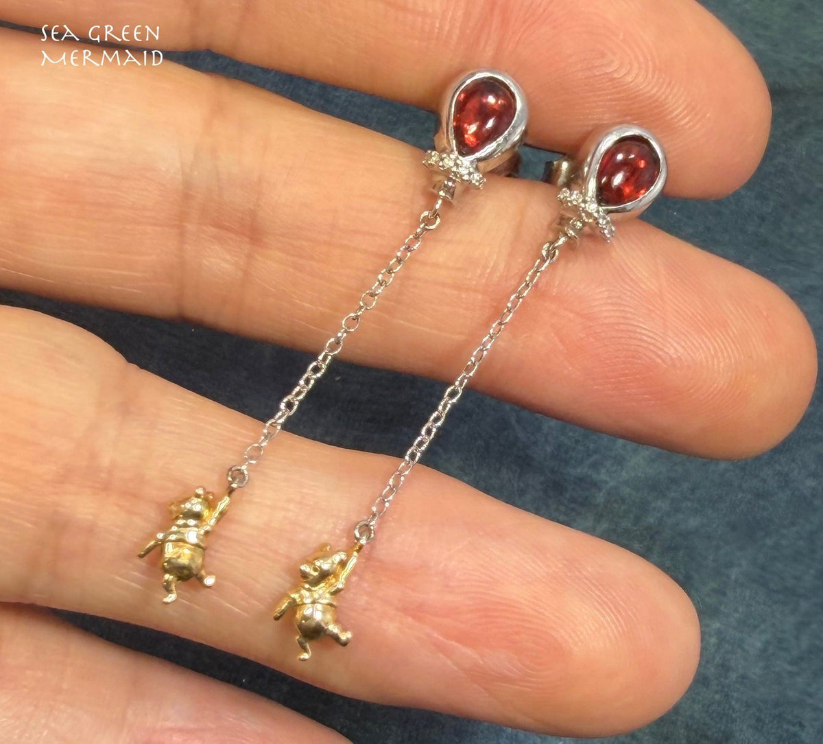 10k Gold Winnie the Pooh Earrings w 925 Silver Garnet Cabochon Balloons