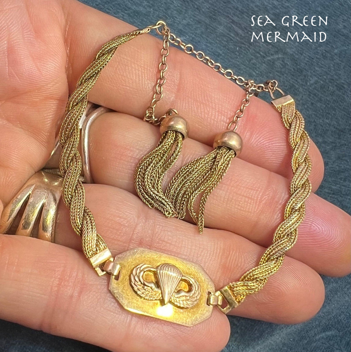 10k Gold Woven Bracelet w Tassle Lariat Clasp. WW II Paratroopers