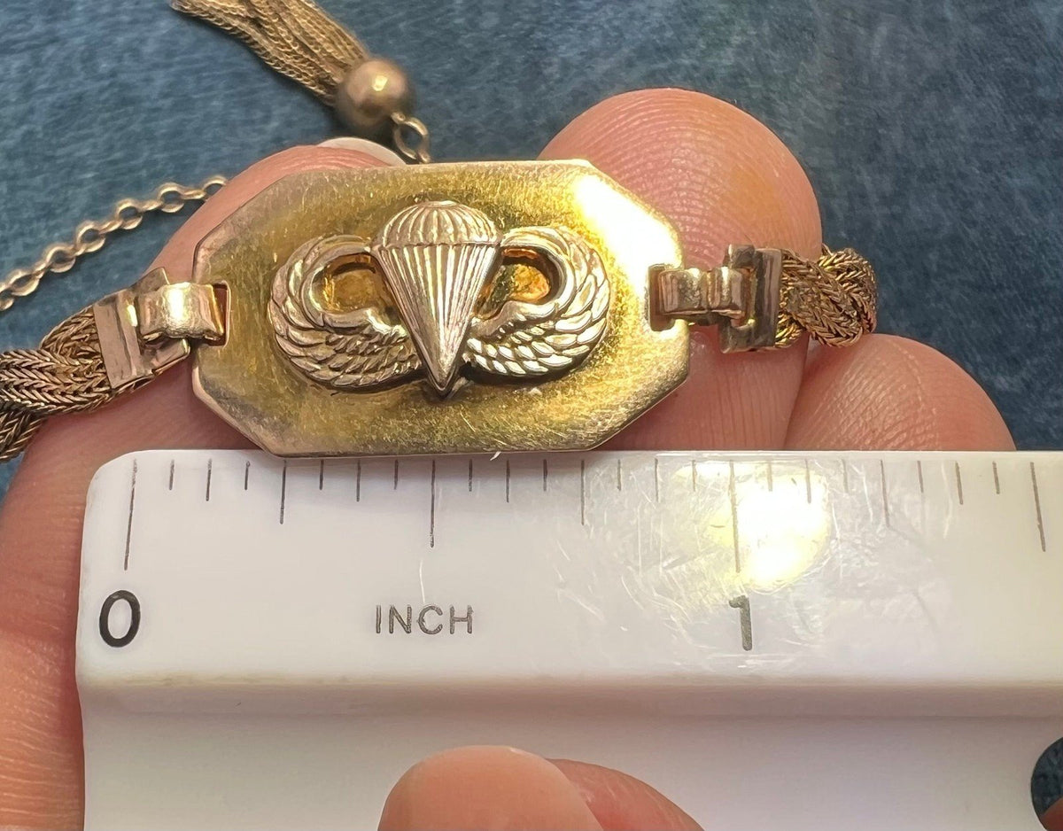 10k Gold Woven Bracelet w Tassle Lariat Clasp. WW II Paratroopers