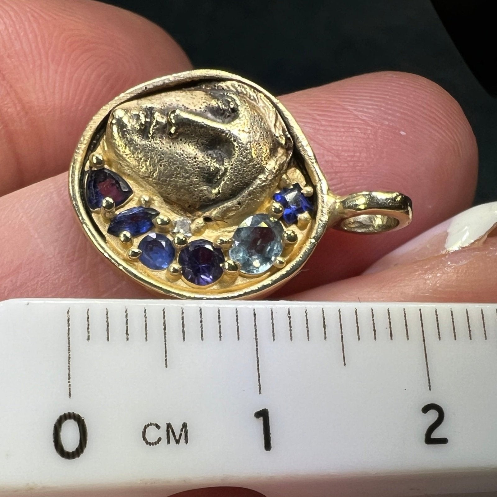 10k Moon Goddess Pendant. Diamond Blue Sapphires Topaz *Video*