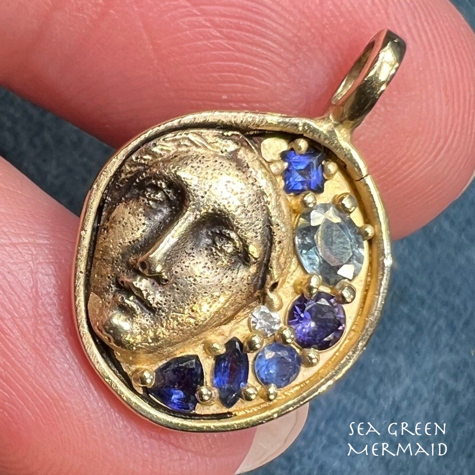 10k Moon Goddess Pendant. Diamond Blue Sapphires Topaz *Video*