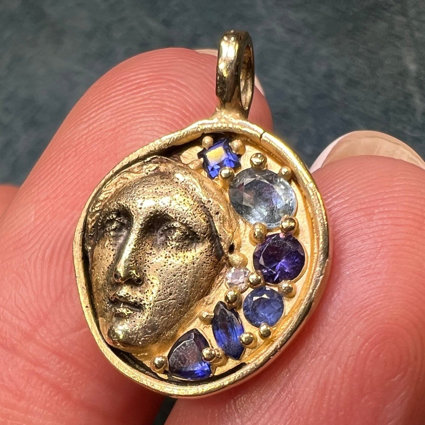 10k Moon Goddess Pendant. Diamond Blue Sapphires Topaz *Video*