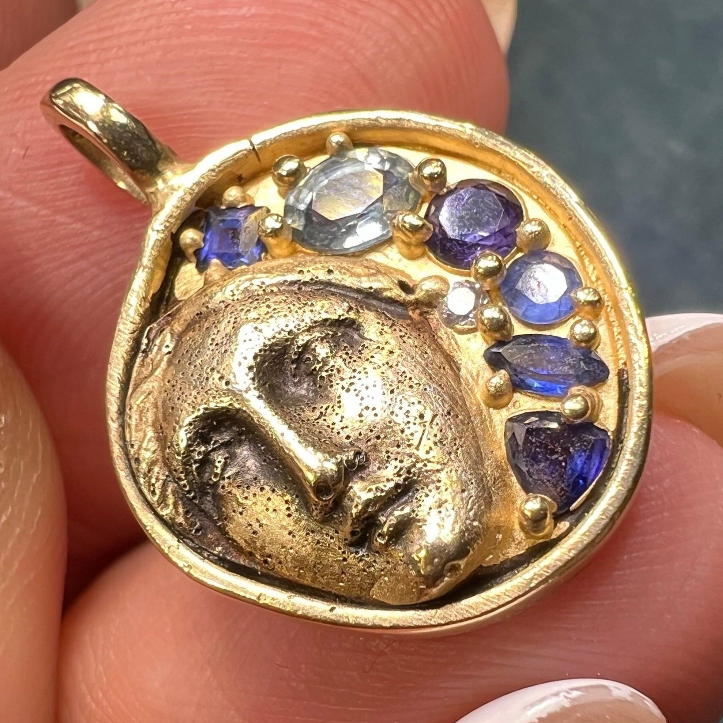 10k Moon Goddess Pendant. Diamond Blue Sapphires Topaz *Video*