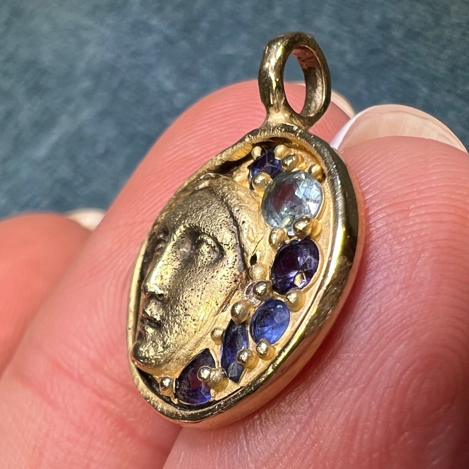 10k Moon Goddess Pendant. Diamond Blue Sapphires Topaz *Video*