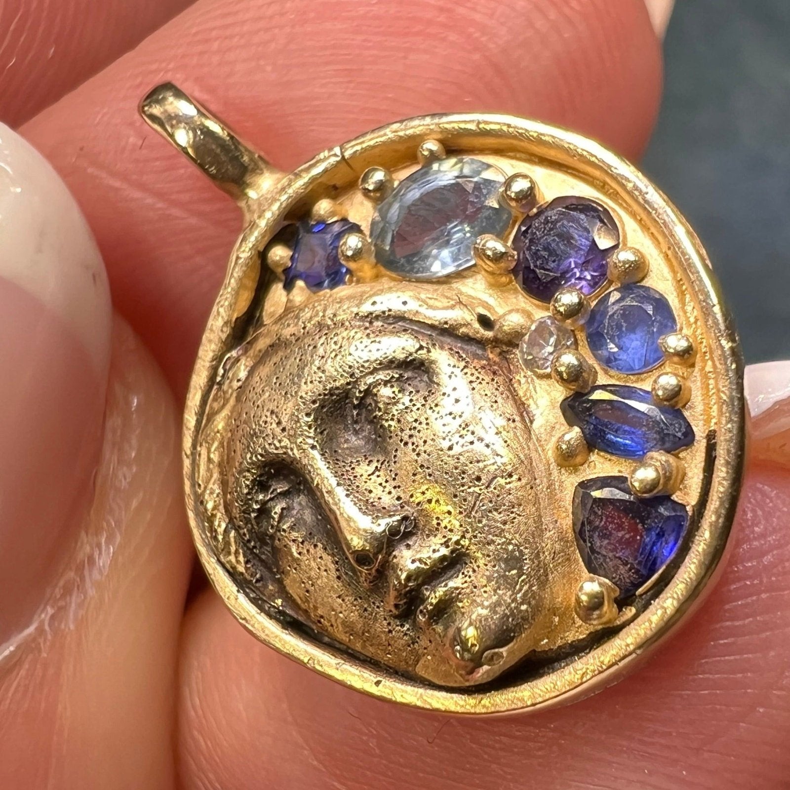 10k Moon Goddess Pendant. Diamond Blue Sapphires Topaz *Video*