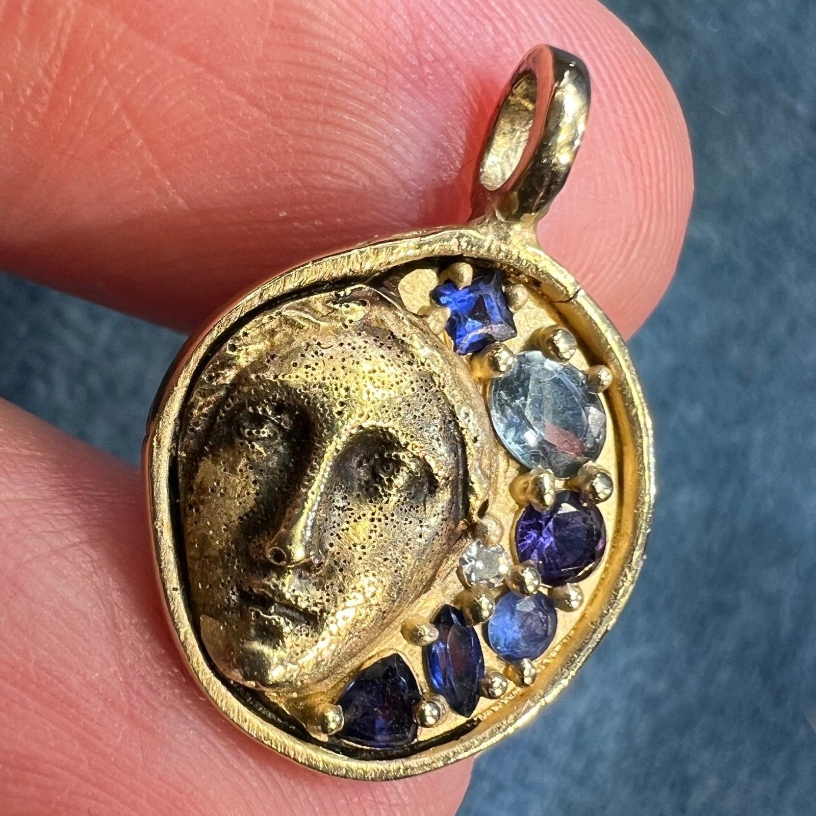 10k Moon Goddess Pendant. Diamond Blue Sapphires Topaz *Video*