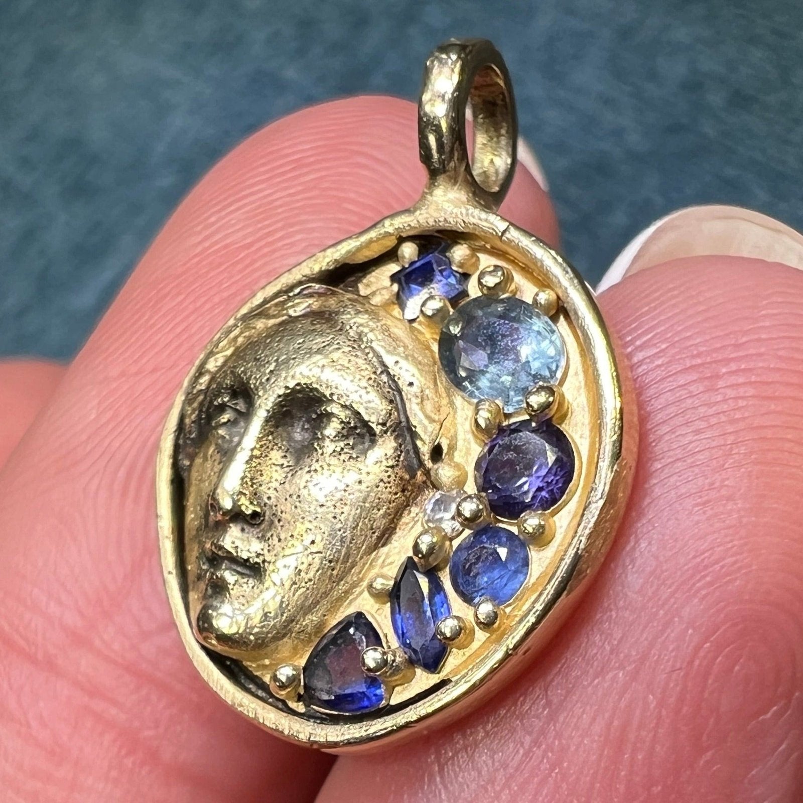 10k Moon Goddess Pendant. Diamond Blue Sapphires Topaz *Video*