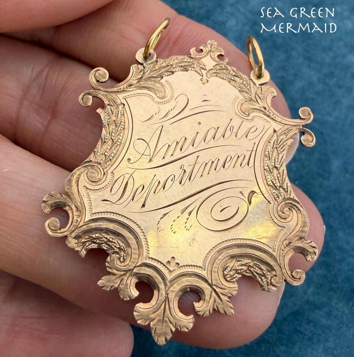 10k Rose Gold 1897 Engraved Shield Pendant. Amiable Deportment = Friendly!