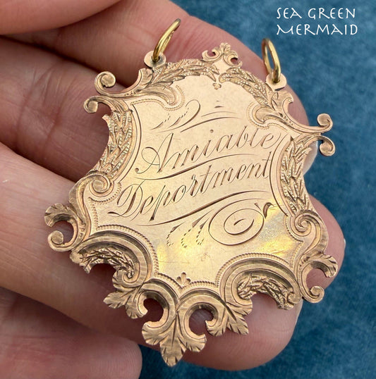 10k Rose Gold 1897 Engraved Shield Pendant. Amiable Deportment = Friendly!