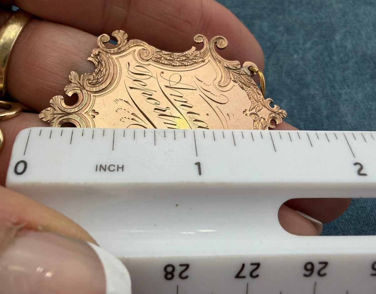 10k Rose Gold 1897 Engraved Shield Pendant. Amiable Deportment = Friendly!