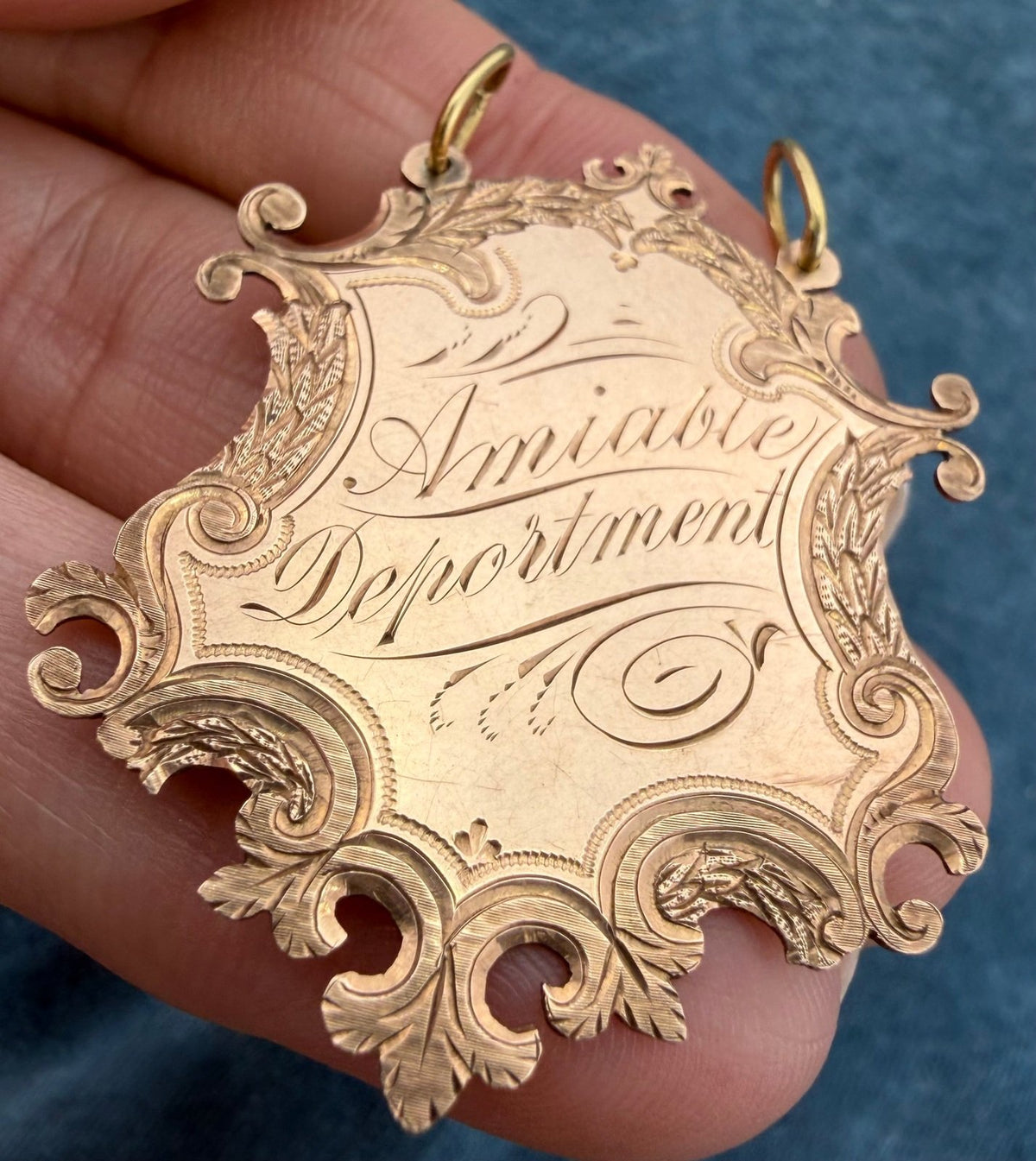 10k Rose Gold 1897 Engraved Shield Pendant. Amiable Deportment = Friendly!