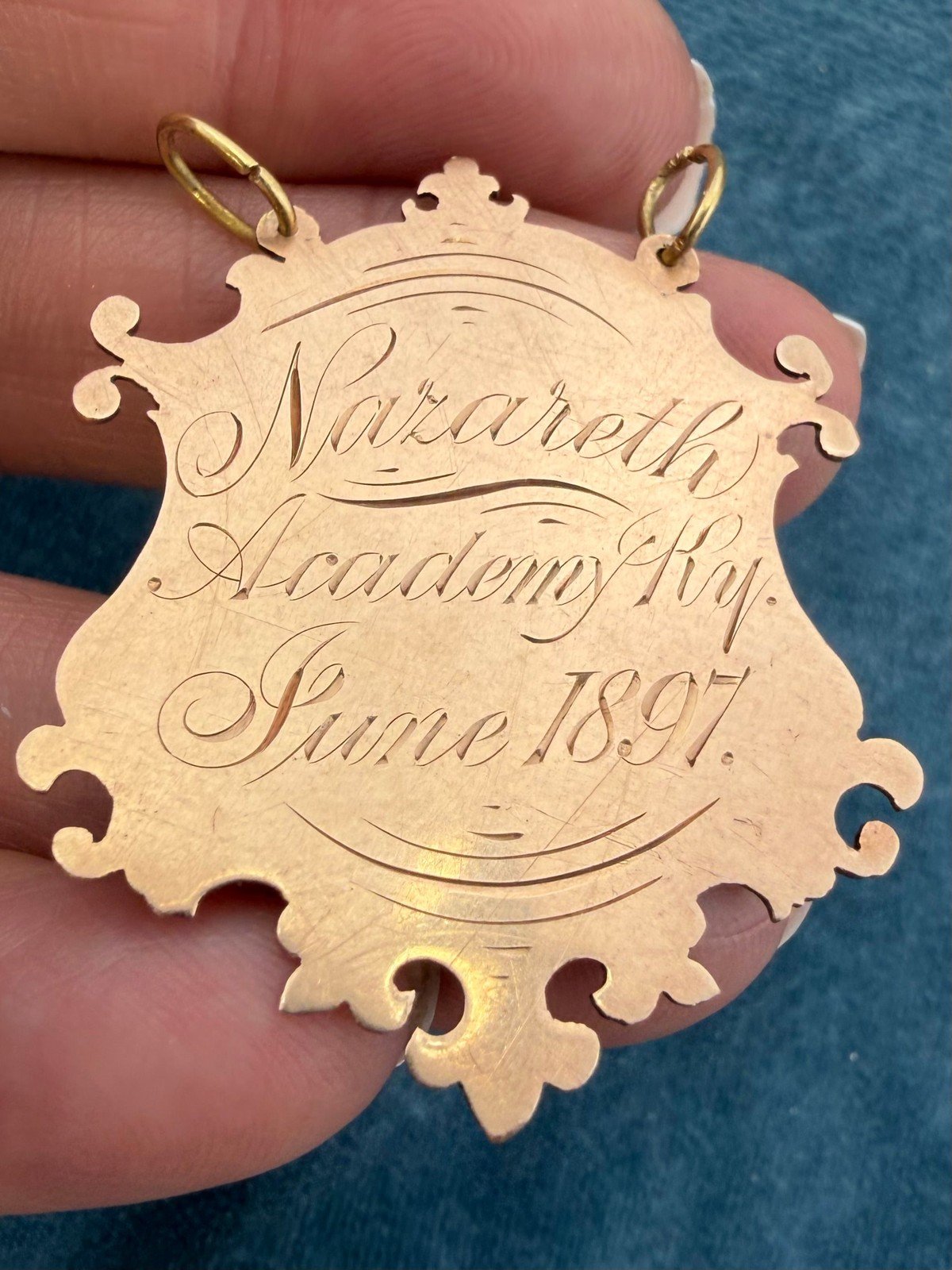10k Rose Gold 1897 Engraved Shield Pendant. Amiable Deportment = Friendly!