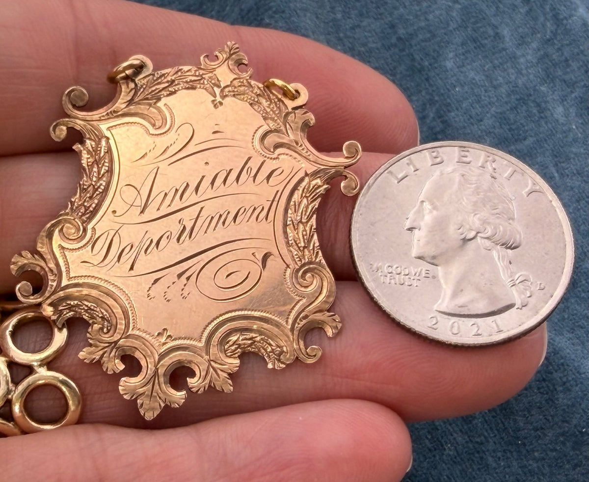 10k Rose Gold 1897 Engraved Shield Pendant. Amiable Deportment = Friendly!