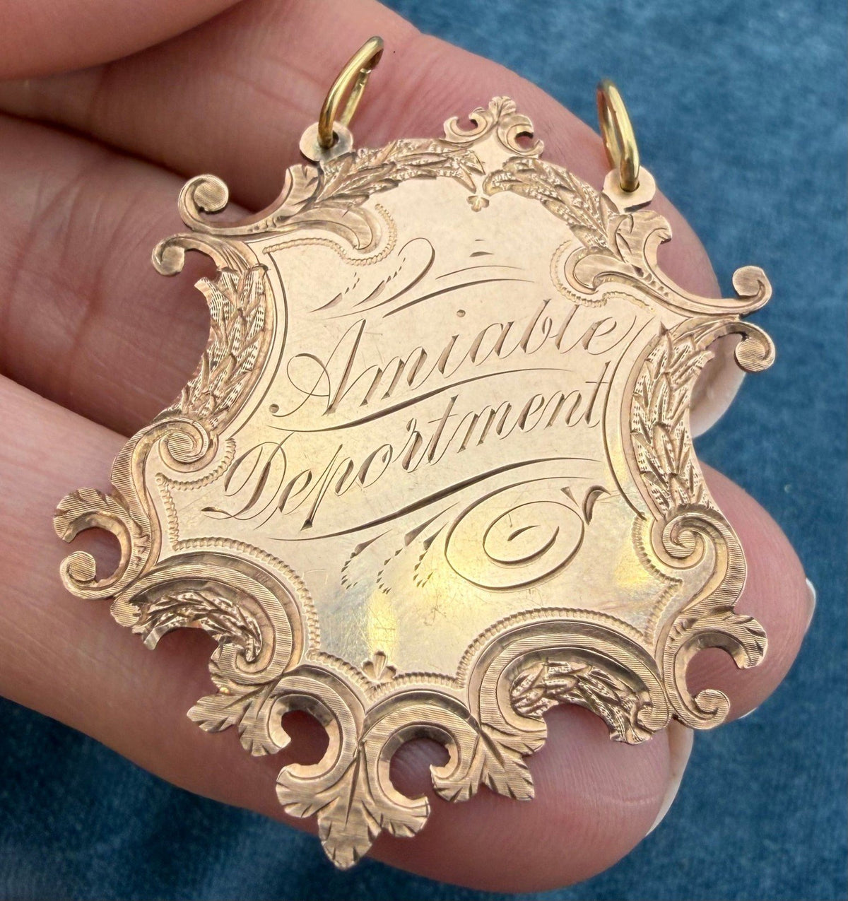 10k Rose Gold 1897 Engraved Shield Pendant. Amiable Deportment = Friendly!