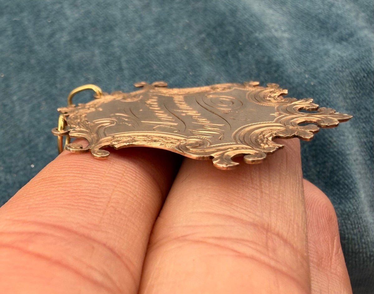10k Rose Gold 1897 Engraved Shield Pendant. Amiable Deportment = Friendly!