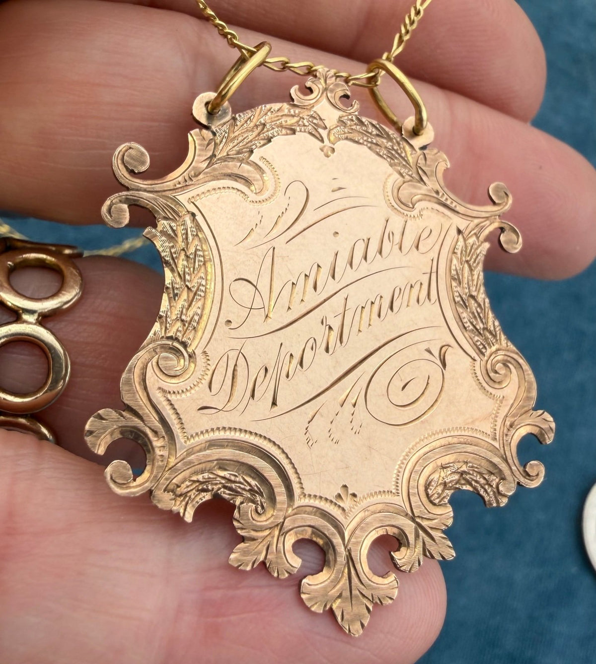 10k Rose Gold 1897 Engraved Shield Pendant. Amiable Deportment = Friendly!