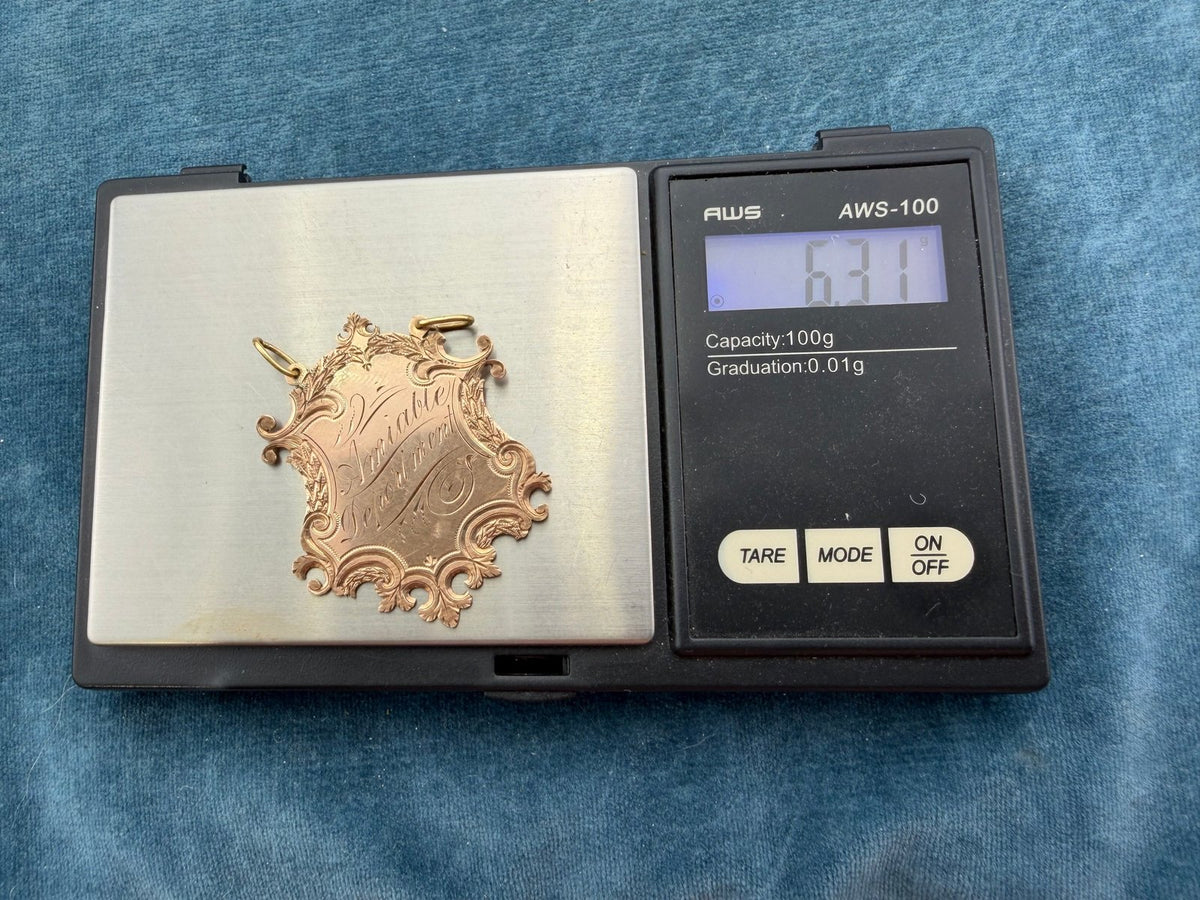 10k Rose Gold 1897 Engraved Shield Pendant. Amiable Deportment = Friendly!