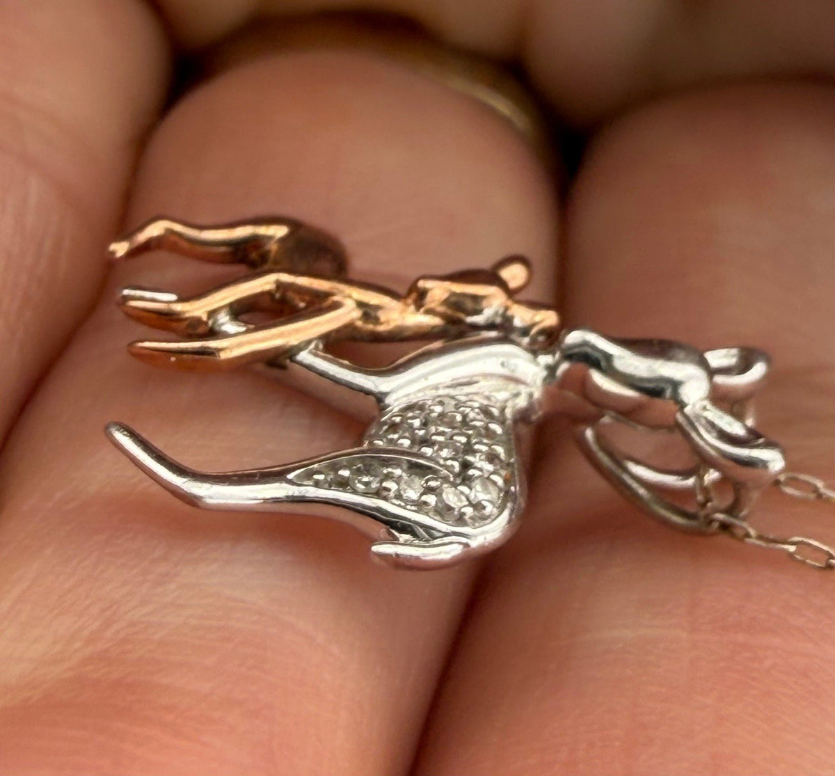 10k Rose Gold Fawn + Silver Diamond Mama Deer Pendant. Free 925 Chain