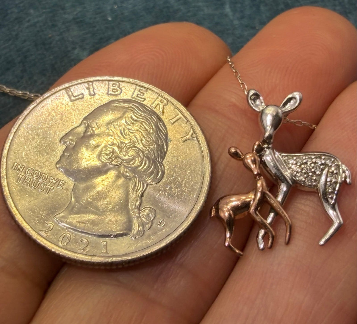 10k Rose Gold Fawn + Silver Diamond Mama Deer Pendant. Free 925 Chain