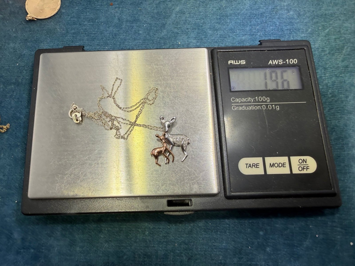 10k Rose Gold Fawn + Silver Diamond Mama Deer Pendant. Free 925 Chain