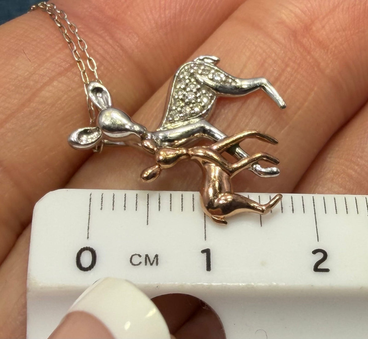 10k Rose Gold Fawn + Silver Diamond Mama Deer Pendant. Free 925 Chain