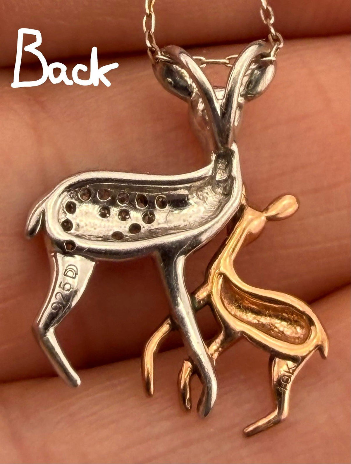 10k Rose Gold Fawn + Silver Diamond Mama Deer Pendant. Free 925 Chain