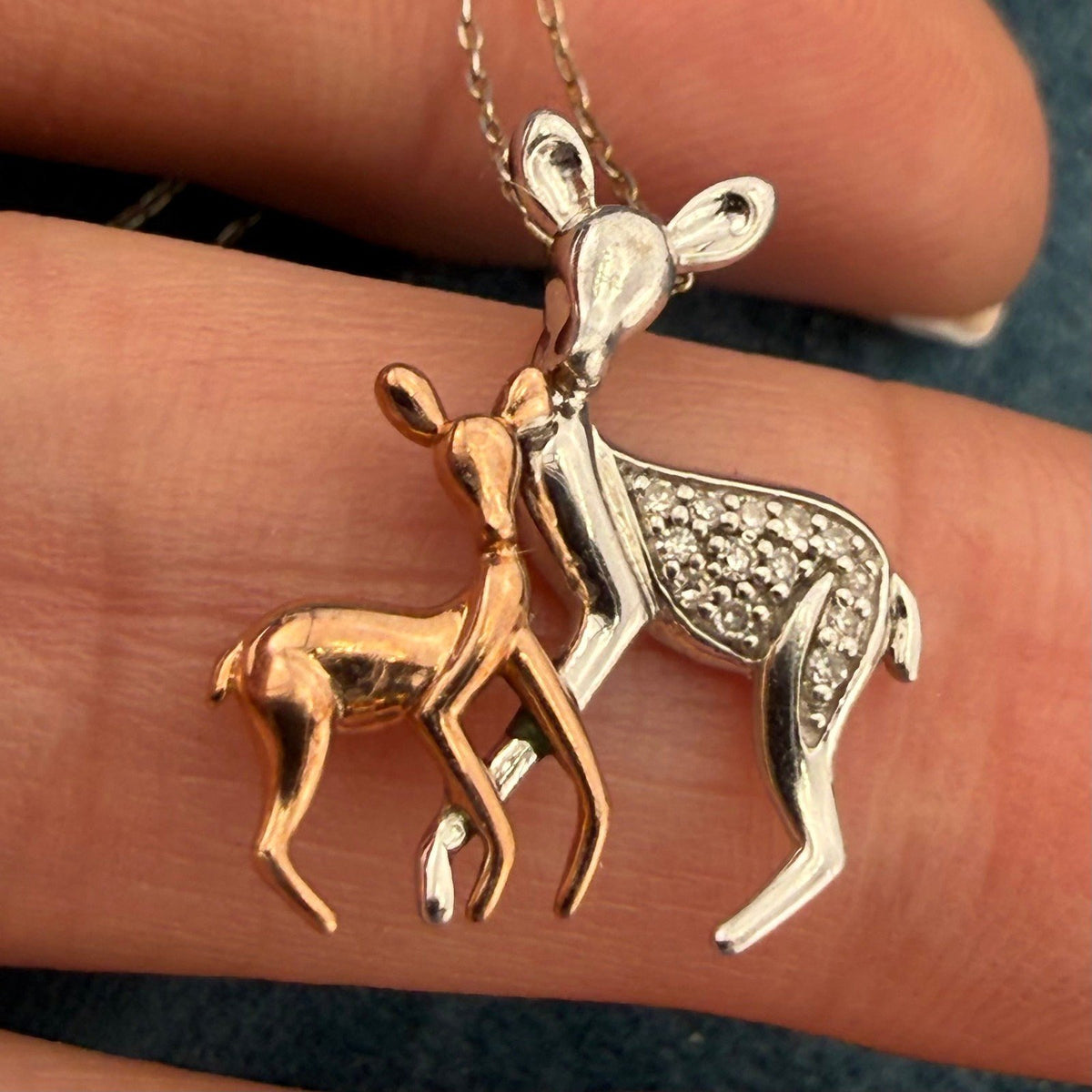 10k Rose Gold Fawn + Silver Diamond Mama Deer Pendant. Free 925 Chain