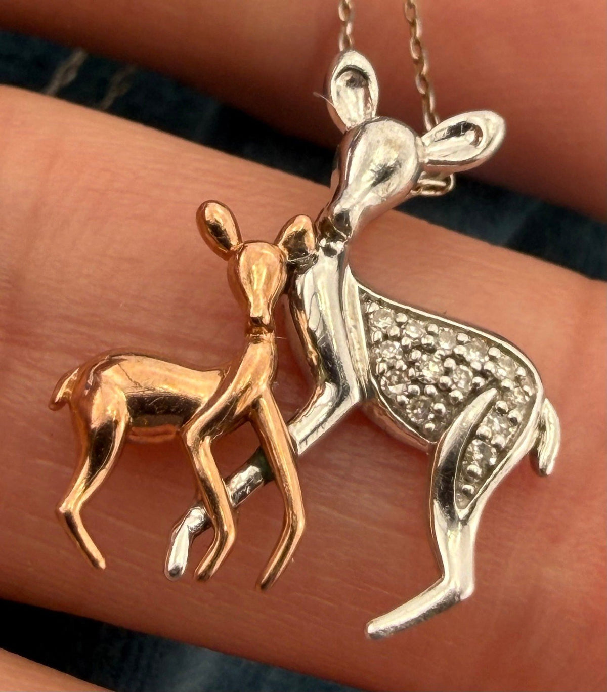 10k Rose Gold Fawn + Silver Diamond Mama Deer Pendant. Free 925 Chain