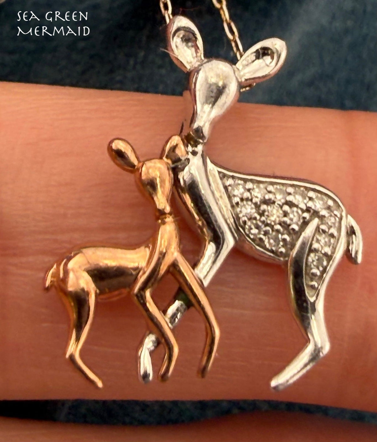 10k Rose Gold Fawn + Silver Diamond Mama Deer Pendant. Free 925 Chain