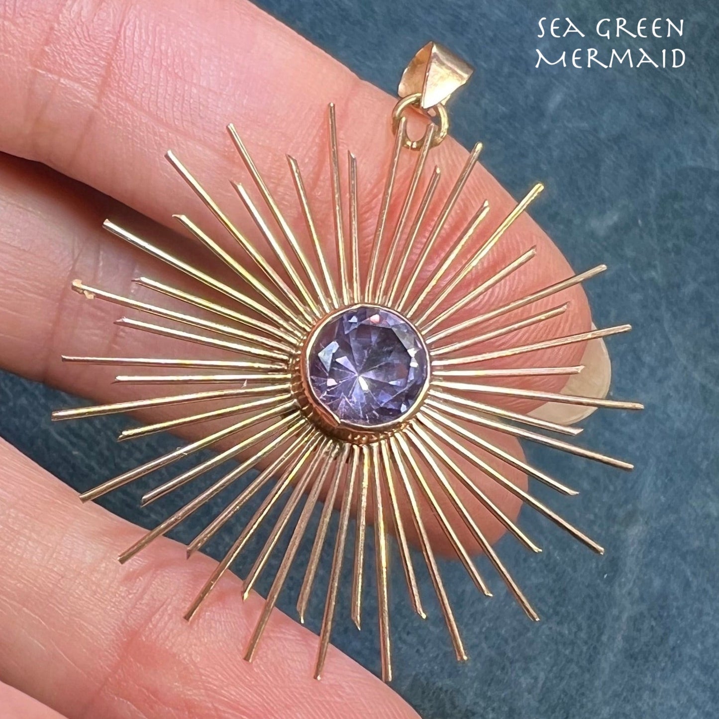 10k Rose Gold SUNBURST Medallion Pendant w Lab Purple Sapphire *Video*