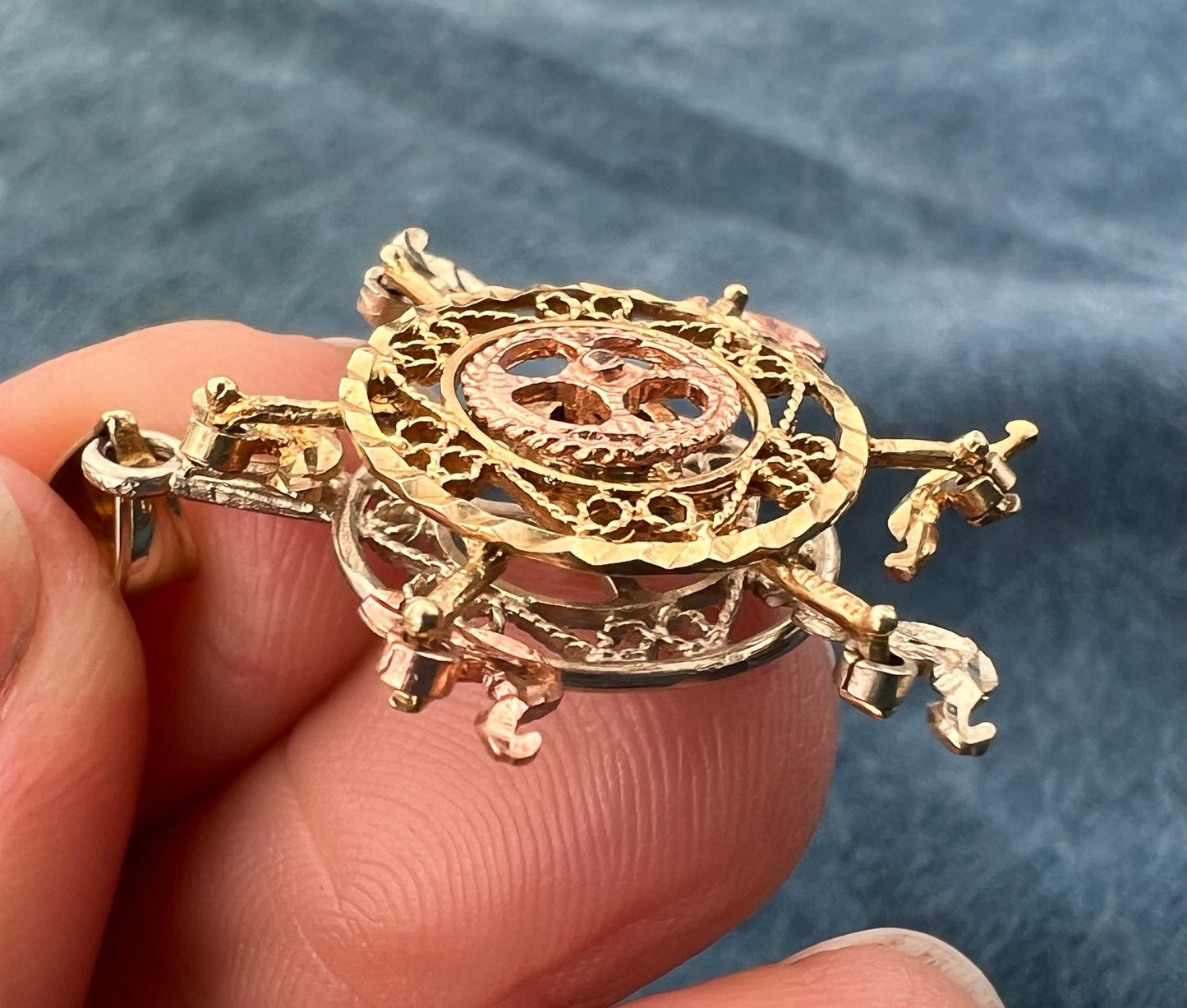 10k Tri-Color Gold Ferris Wheel Spinning Fidget Pendant. Kinetic *Video*