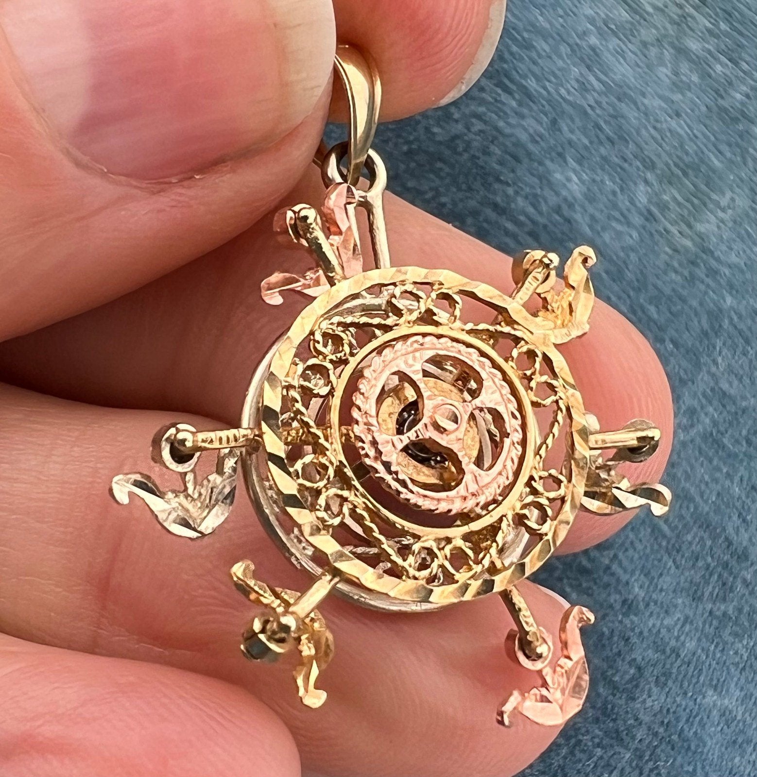 10k Tri-Color Gold Ferris Wheel Spinning Fidget Pendant. Kinetic *Video*