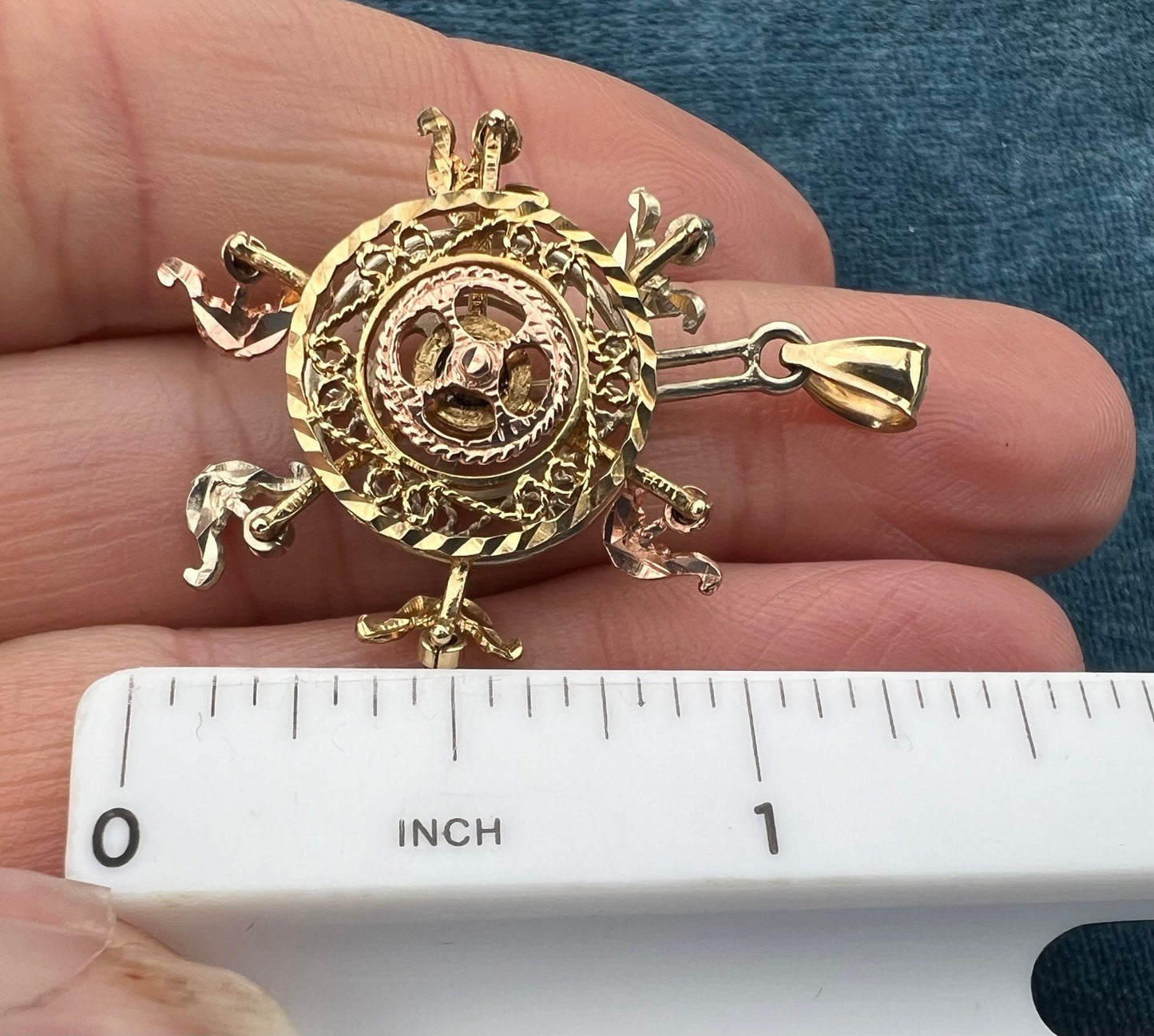 10k Tri-Color Gold Ferris Wheel Spinning Fidget Pendant. Kinetic *Video*