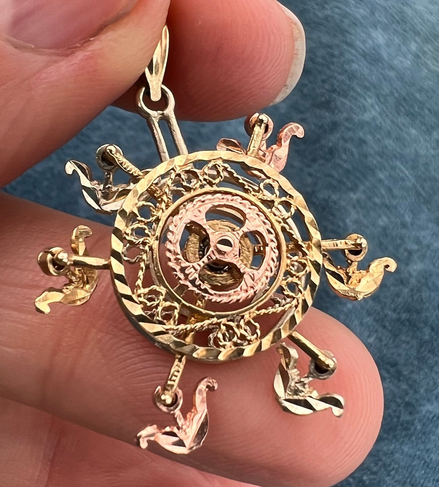 10k Tri-Color Gold Ferris Wheel Spinning Fidget Pendant. Kinetic *Video*