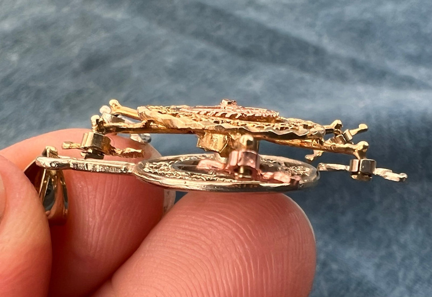 10k Tri-Color Gold Ferris Wheel Spinning Fidget Pendant. Kinetic *Video*