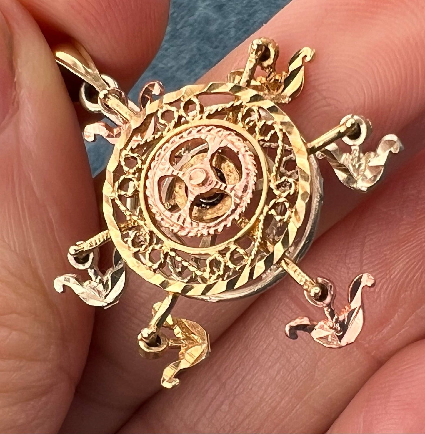 10k Tri-Color Gold Ferris Wheel Spinning Fidget Pendant. Kinetic *Video*